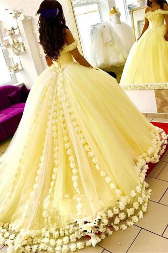3D Handmade Flowers Adorned Off Shoulder Basque Puffy Yellow Ball Gown For Quinceanera Sweet 16